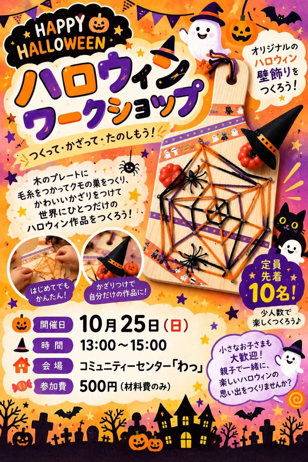 「ハロウィンワークショップ つくって・かざって・たのしもう!」のチラシ。木のプレートに毛糸でクモの巣をつくり、クモやかぼちゃ、とんがりぼうしをかざった作品。10月25日(日)13:00〜15:00、コミュニティセンター「わっ」、参加費500円(材料費のみ)、定員 先着10名